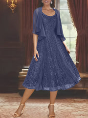 A Line Princess Scoop Half Sleeves Tea Length Mother Of The Bride Dresses With Appliques Wrap
