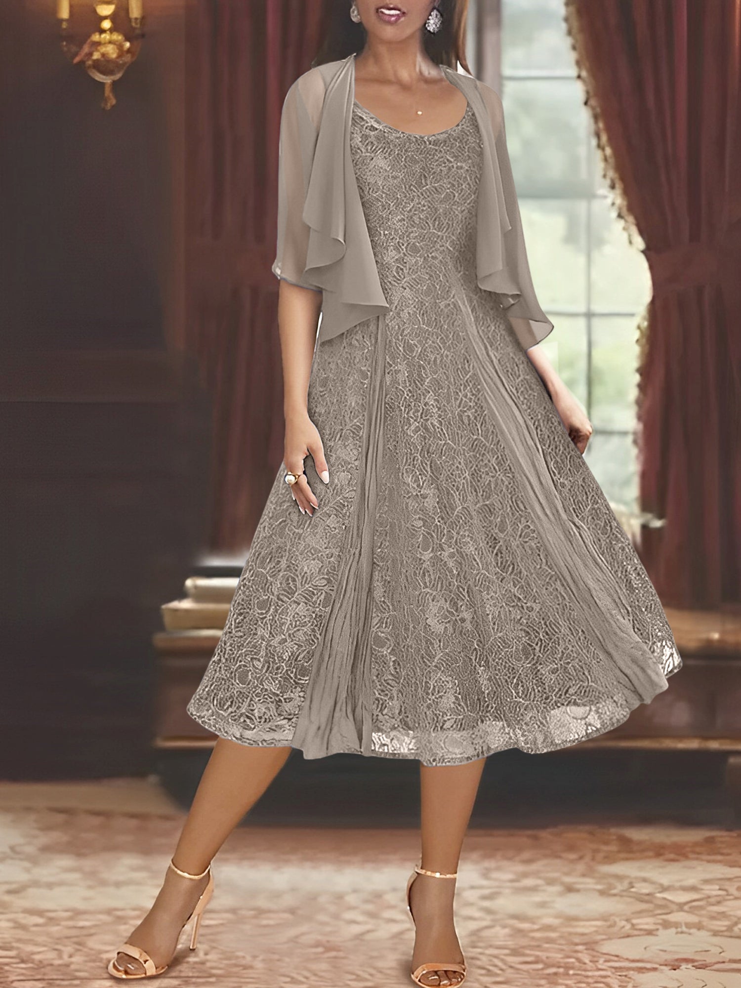 A Line Princess Scoop Half Sleeves Tea Length Mother Of The Bride Dresses With Appliques Wrap