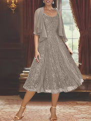 A-Line/Princess Scoop Half Sleeves Tea-Length Mother of the Bride Dresses with Appliques & Wrap
