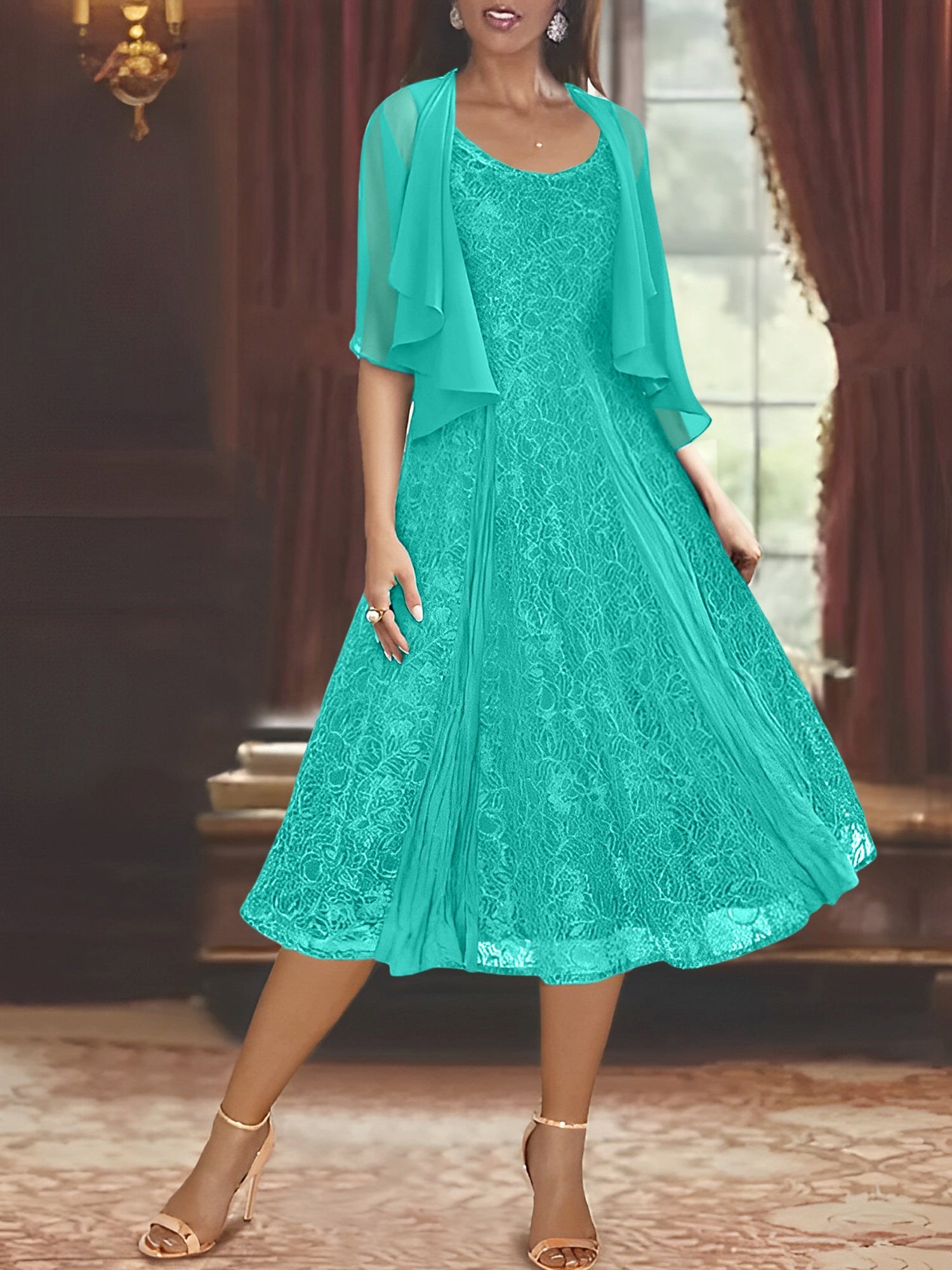 A Line Princess Scoop Half Sleeves Tea Length Mother Of The Bride Dresses With Appliques Wrap