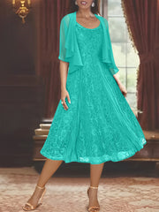 A Line Princess Scoop Half Sleeves Tea Length Mother Of The Bride Dresses With Appliques Wrap