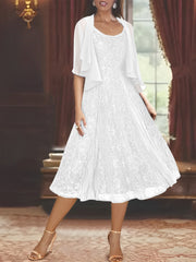 A-Line/Princess Scoop Half Sleeves Tea-Length Mother of the Bride Dresses with Appliques & Wrap