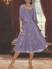 A Line Princess Scoop Half Sleeves Tea Length Mother Of The Bride Dresses With Appliques Wrap