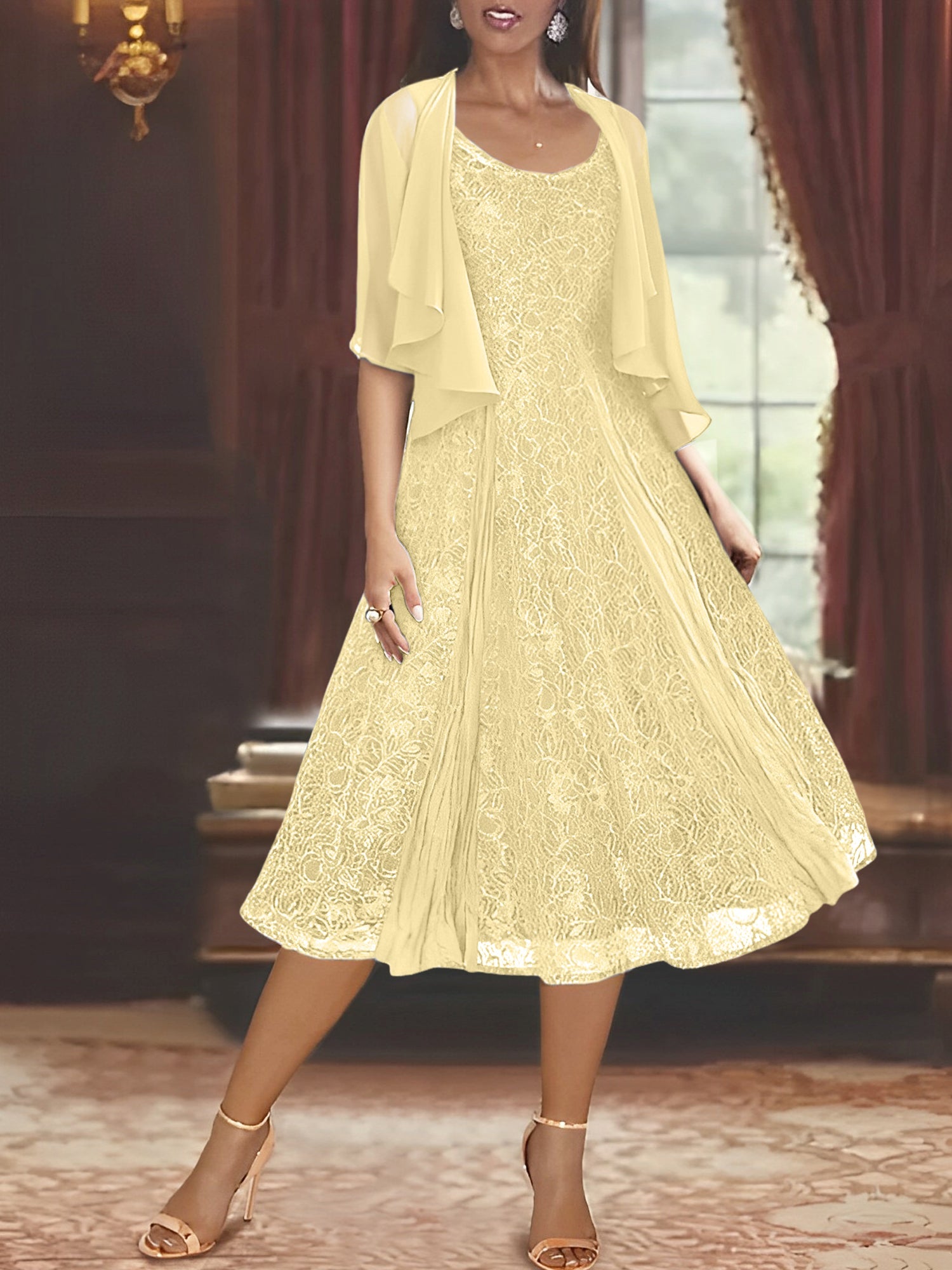 A Line Princess Scoop Half Sleeves Tea Length Mother Of The Bride Dresses With Appliques Wrap