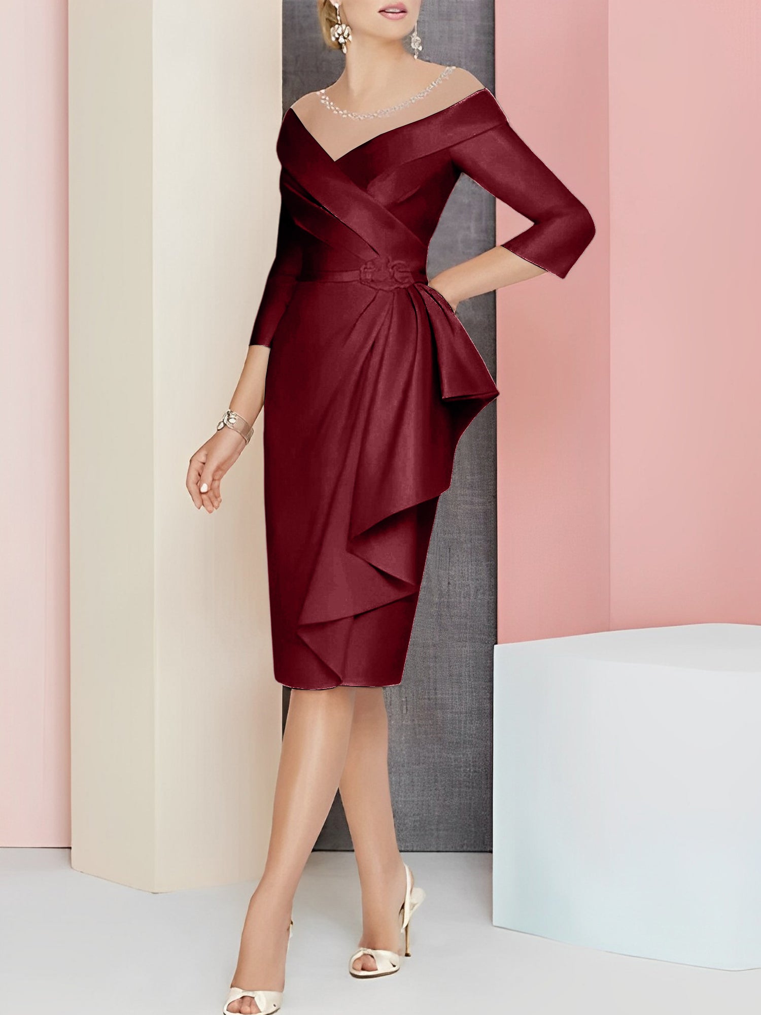 Sheath Column V Neck Knee Length Mother Of The Bride Dresses