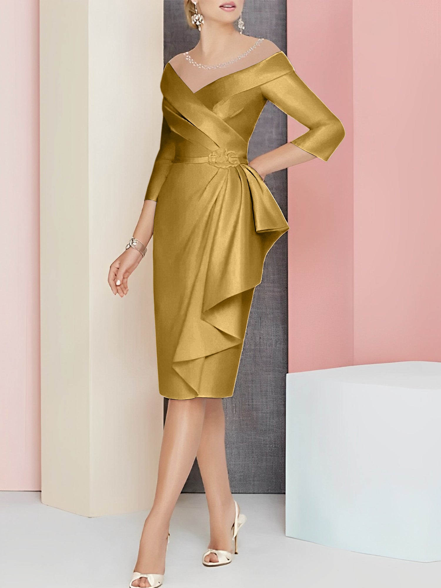 Sheath Column V Neck Knee Length Mother Of The Bride Dresses