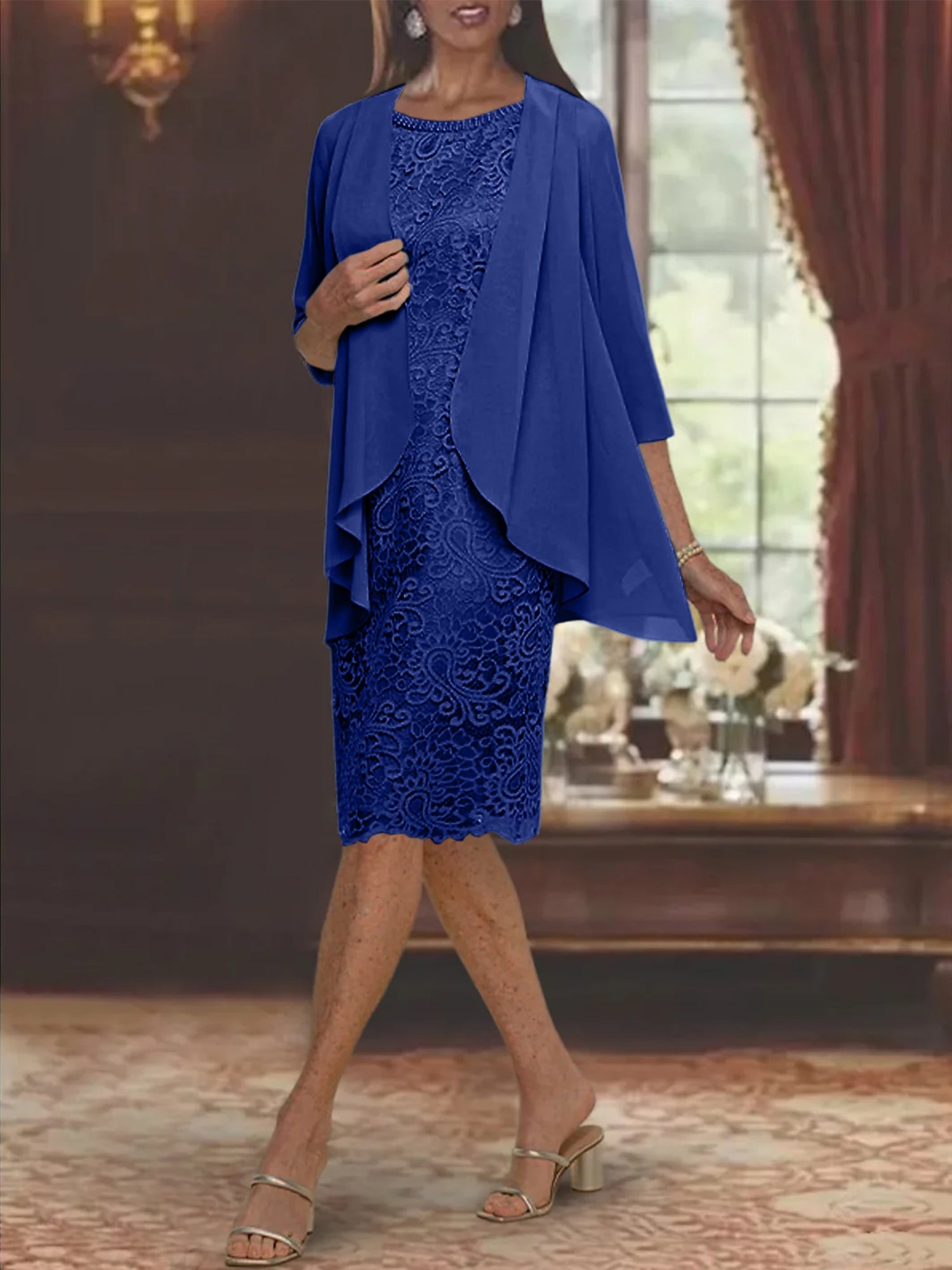 Sheath Column Jewel Neck Tea Length Mother Of The Bride Dresses