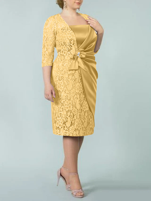 Sheath Column Square Neck Tea Length Mother Of The Bride Dresses