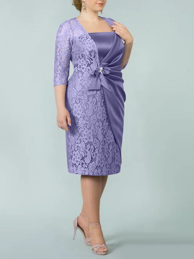 Sheath Column Square Neck Tea Length Mother Of The Bride Dresses