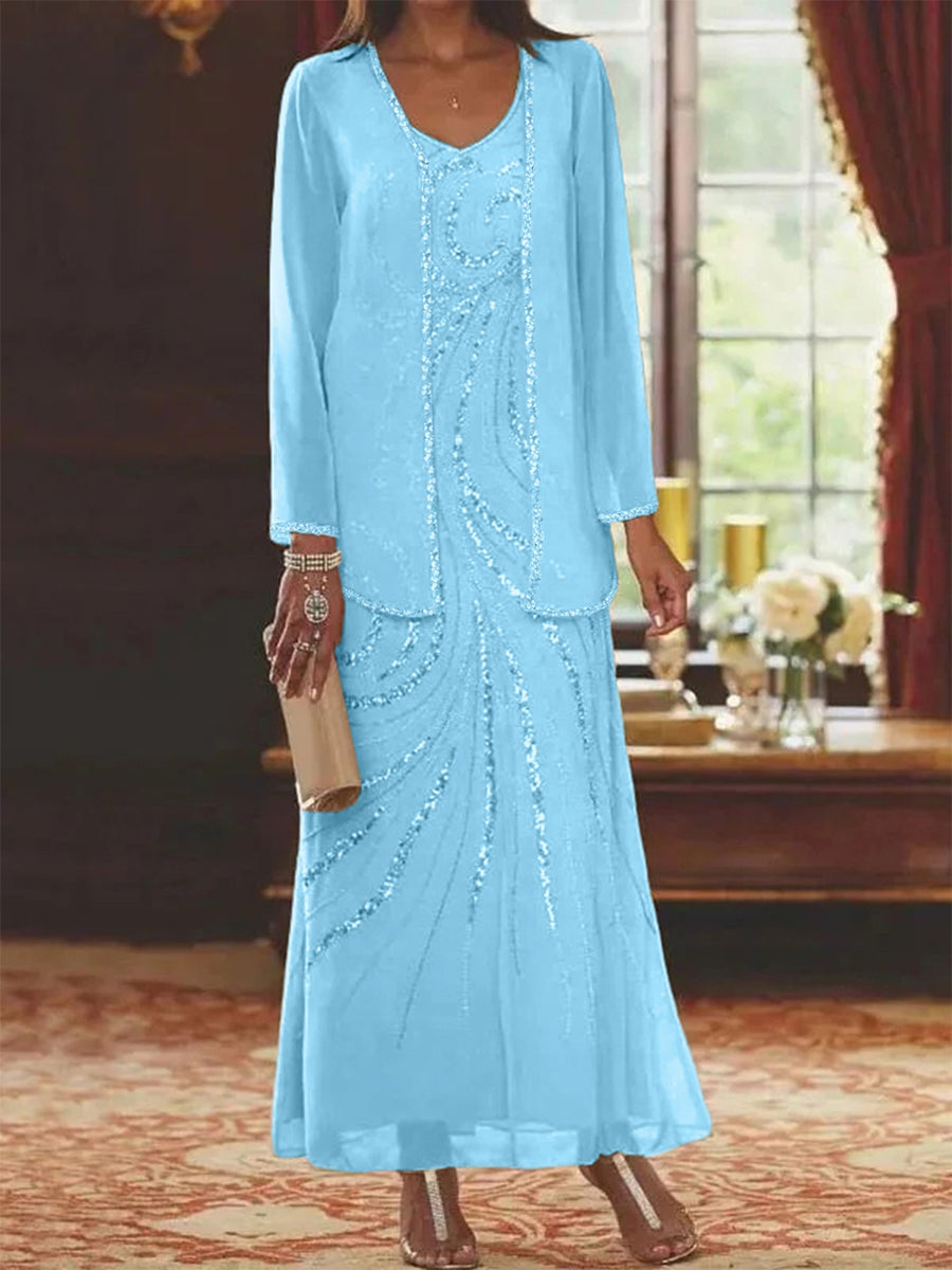 Sheath Column V Neck Ankle Length Mother Of The Bride Dresses With Jacket Sequins Beading
