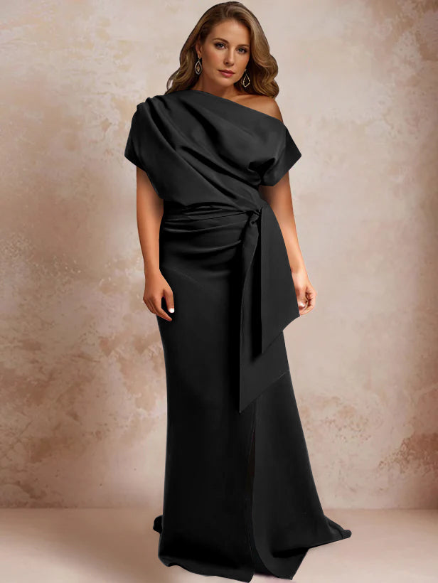 Trumpet Mermaid One Shoulder Short Sleeves Floor Length Plus Size Mother Of The Bride Dresses With Ruffles Split Side