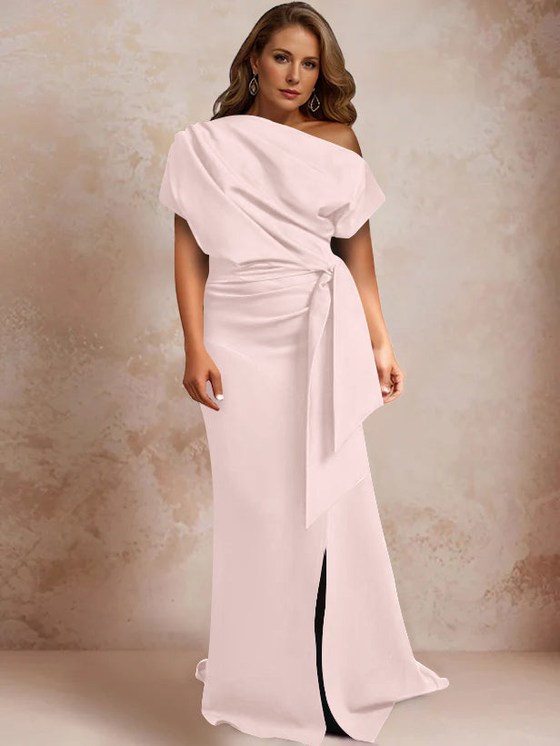 Trumpet Mermaid One Shoulder Short Sleeves Floor Length Plus Size Mother Of The Bride Dresses With Ruffles Split Side