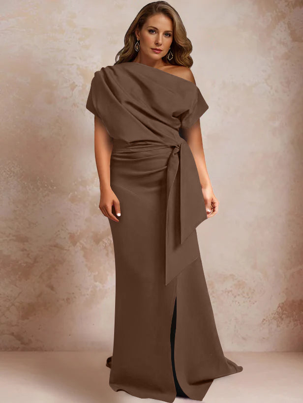 Trumpet Mermaid One Shoulder Short Sleeves Floor Length Plus Size Mother Of The Bride Dresses With Ruffles Split Side