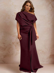 Trumpet Mermaid One Shoulder Short Sleeves Floor Length Plus Size Mother Of The Bride Dresses With Ruffles Split Side