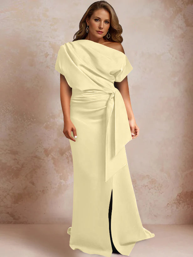 Trumpet Mermaid One Shoulder Short Sleeves Floor Length Plus Size Mother Of The Bride Dresses With Ruffles Split Side