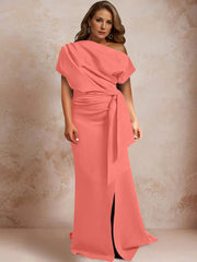 Trumpet Mermaid One Shoulder Short Sleeves Floor Length Plus Size Mother Of The Bride Dresses With Ruffles Split Side