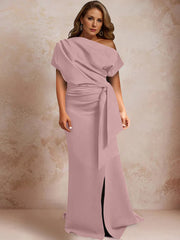 Trumpet Mermaid One Shoulder Short Sleeves Floor Length Plus Size Mother Of The Bride Dresses With Ruffles Split Side