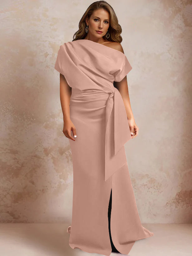 Trumpet Mermaid One Shoulder Short Sleeves Floor Length Plus Size Mother Of The Bride Dresses With Ruffles Split Side