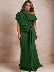 Trumpet Mermaid One Shoulder Short Sleeves Floor Length Plus Size Mother Of The Bride Dresses With Ruffles Split Side