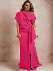 Trumpet Mermaid One Shoulder Short Sleeves Floor Length Plus Size Mother Of The Bride Dresses With Ruffles Split Side