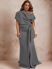 Trumpet Mermaid One Shoulder Short Sleeves Floor Length Plus Size Mother Of The Bride Dresses With Ruffles Split Side