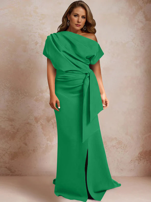 Trumpet Mermaid One Shoulder Short Sleeves Floor Length Plus Size Mother Of The Bride Dresses With Ruffles Split Side