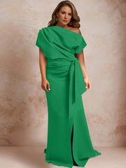 Trumpet Mermaid One Shoulder Short Sleeves Floor Length Plus Size Mother Of The Bride Dresses With Ruffles Split Side