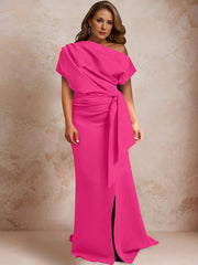 Trumpet Mermaid One Shoulder Short Sleeves Floor Length Plus Size Mother Of The Bride Dresses With Ruffles Split Side