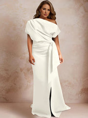 Trumpet Mermaid One Shoulder Short Sleeves Floor Length Plus Size Mother Of The Bride Dresses With Ruffles Split Side
