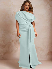 Trumpet Mermaid One Shoulder Short Sleeves Floor Length Plus Size Mother Of The Bride Dresses With Ruffles Split Side