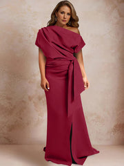 Trumpet Mermaid One Shoulder Short Sleeves Floor Length Plus Size Mother Of The Bride Dresses With Ruffles Split Side