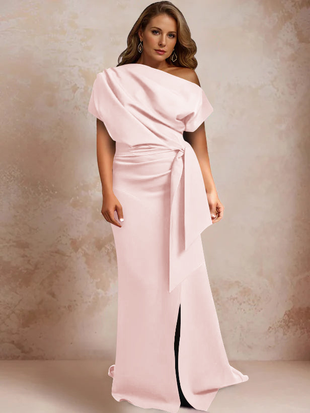 Trumpet Mermaid One Shoulder Short Sleeves Floor Length Plus Size Mother Of The Bride Dresses With Ruffles Split Side