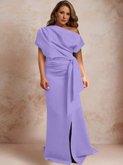 Trumpet Mermaid One Shoulder Short Sleeves Floor Length Plus Size Mother Of The Bride Dresses With Ruffles Split Side