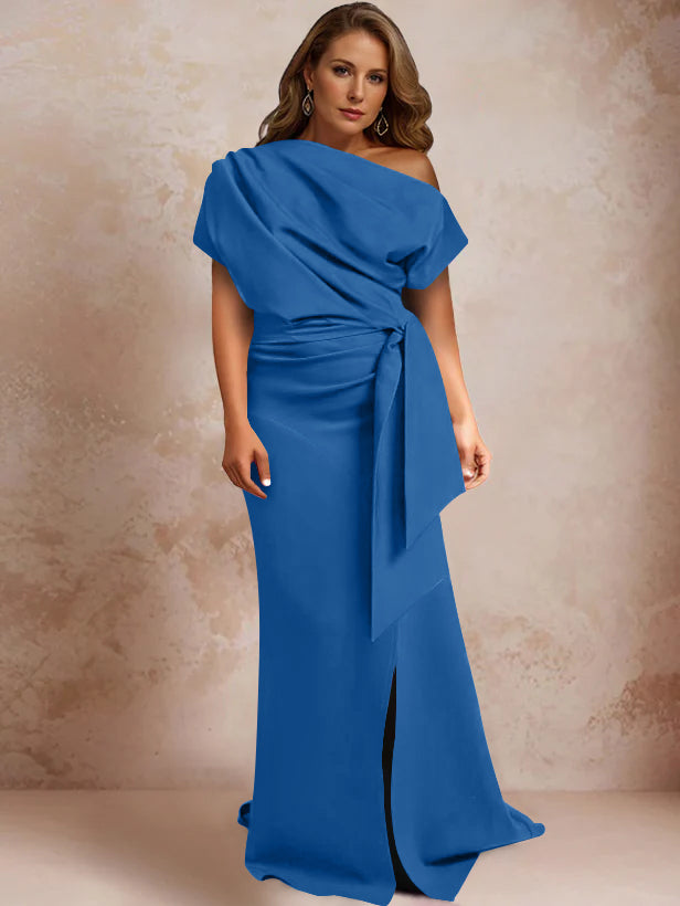 Trumpet Mermaid One Shoulder Short Sleeves Floor Length Plus Size Mother Of The Bride Dresses With Ruffles Split Side