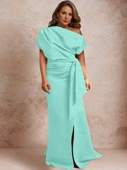 Trumpet Mermaid One Shoulder Short Sleeves Floor Length Plus Size Mother Of The Bride Dresses With Ruffles Split Side