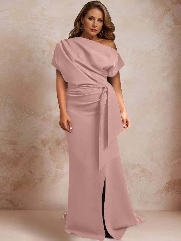 Trumpet Mermaid One Shoulder Short Sleeves Floor Length Plus Size Mother Of The Bride Dresses With Ruffles Split Side