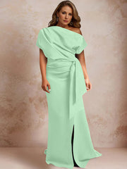 Trumpet Mermaid One Shoulder Short Sleeves Floor Length Plus Size Mother Of The Bride Dresses With Ruffles Split Side