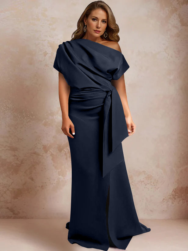 Trumpet Mermaid One Shoulder Short Sleeves Floor Length Plus Size Mother Of The Bride Dresses With Ruffles Split Side