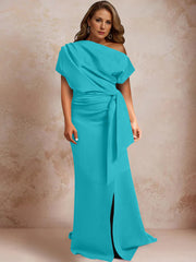 Trumpet Mermaid One Shoulder Short Sleeves Floor Length Plus Size Mother Of The Bride Dresses With Ruffles Split Side