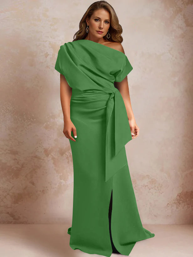 Trumpet Mermaid One Shoulder Short Sleeves Floor Length Plus Size Mother Of The Bride Dresses With Ruffles Split Side