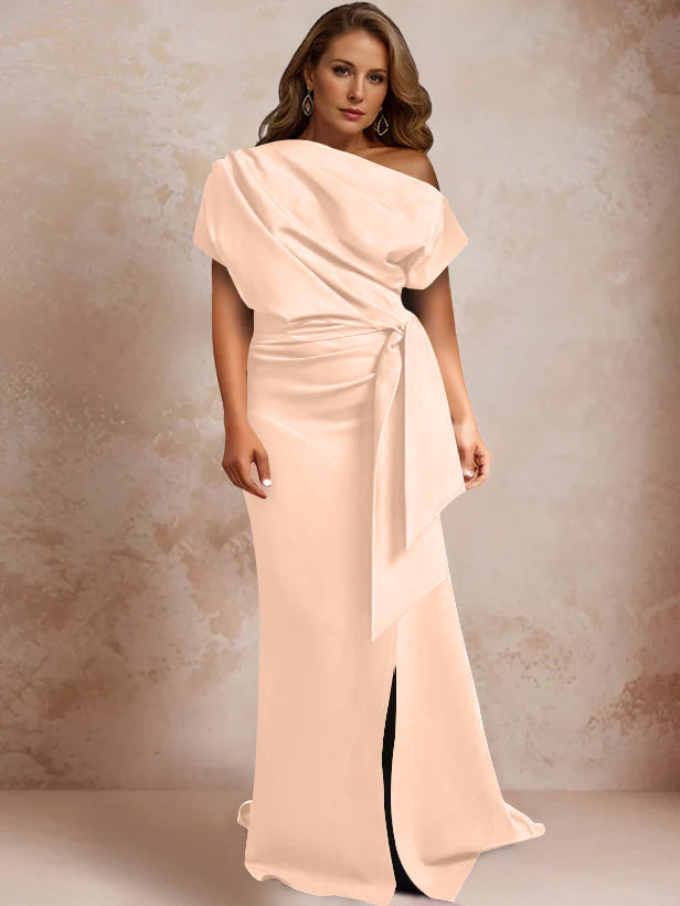 Trumpet Mermaid One Shoulder Short Sleeves Floor Length Plus Size Mother Of The Bride Dresses With Ruffles Split Side