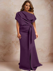 Trumpet Mermaid One Shoulder Short Sleeves Floor Length Plus Size Mother Of The Bride Dresses With Ruffles Split Side