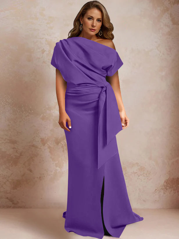 Trumpet Mermaid One Shoulder Short Sleeves Floor Length Plus Size Mother Of The Bride Dresses With Ruffles Split Side