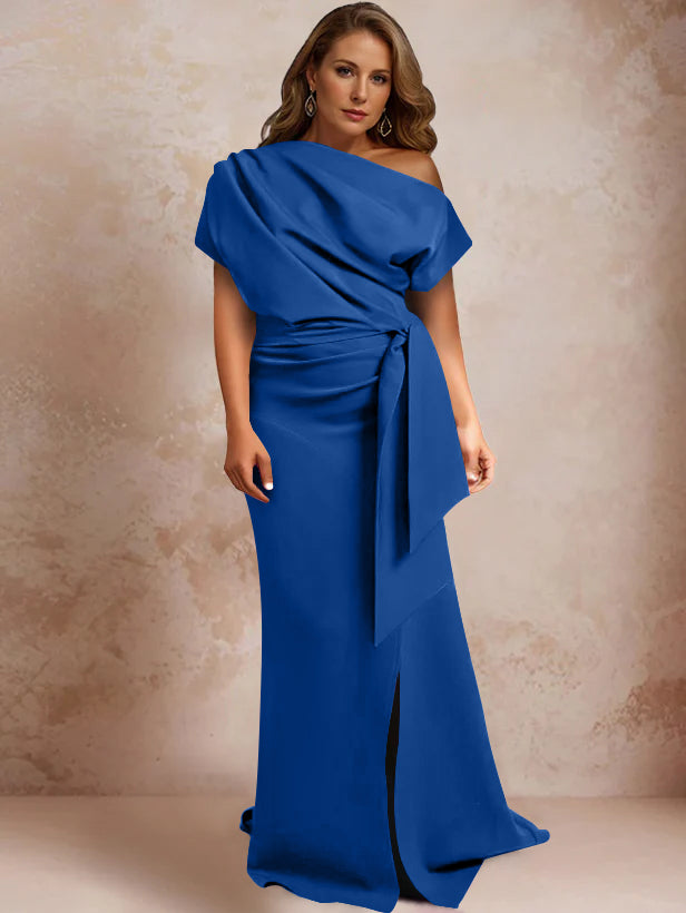 Trumpet Mermaid One Shoulder Short Sleeves Floor Length Plus Size Mother Of The Bride Dresses With Ruffles Split Side