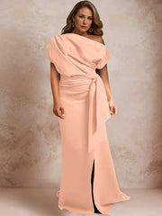 Trumpet/Mermaid One-Shoulder Short Sleeves Floor-Length Plus Size Mother of the Bride Dresses with Ruffles & Split Side
