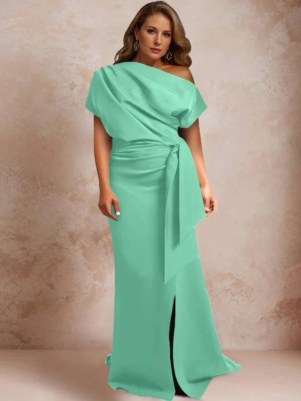 Trumpet Mermaid One Shoulder Short Sleeves Floor Length Plus Size Mother Of The Bride Dresses With Ruffles Split Side