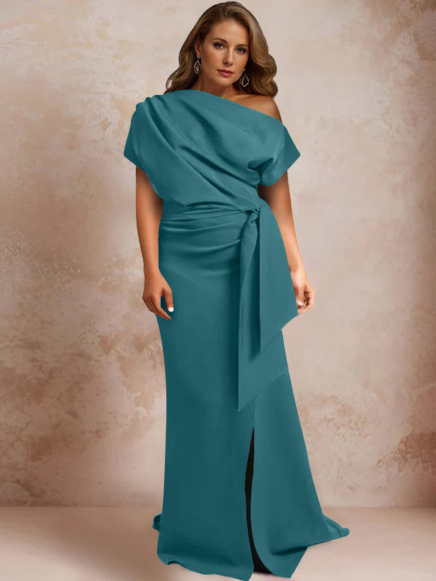 Trumpet Mermaid One Shoulder Short Sleeves Floor Length Plus Size Mother Of The Bride Dresses With Ruffles Split Side