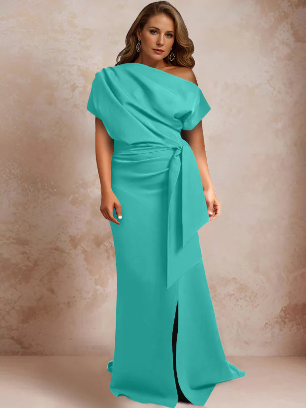 Trumpet Mermaid One Shoulder Short Sleeves Floor Length Plus Size Mother Of The Bride Dresses With Ruffles Split Side