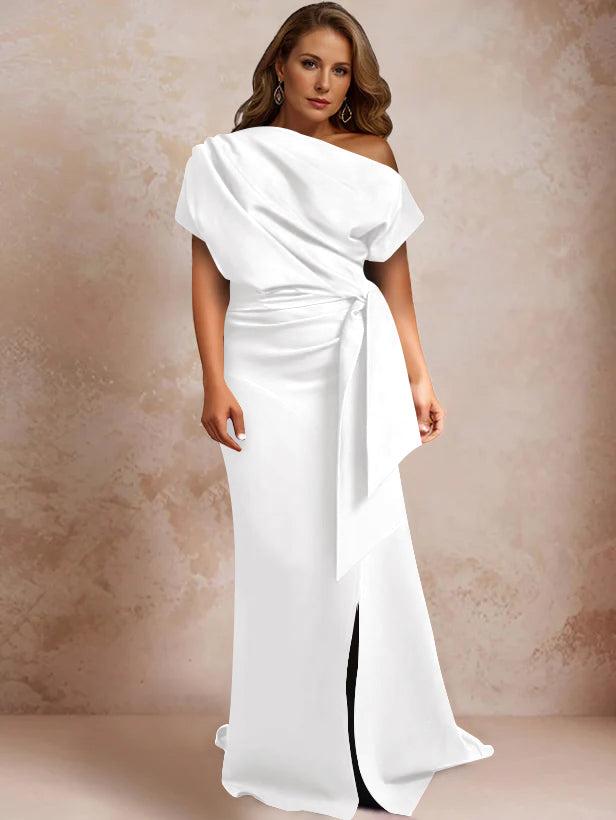 Trumpet Mermaid One Shoulder Short Sleeves Floor Length Plus Size Mother Of The Bride Dresses With Ruffles Split Side