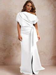Trumpet Mermaid One Shoulder Short Sleeves Floor Length Plus Size Mother Of The Bride Dresses With Ruffles Split Side